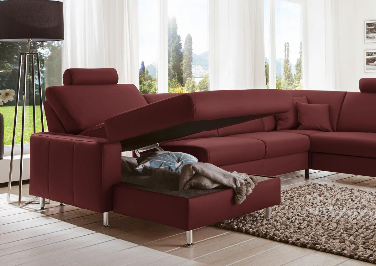 WOHNLANDSCHAFT in Echtleder Brombeere  - Brombeere/Alufarben, Design, Leder/Metall (165/339/233cm) - Beldomo Premium