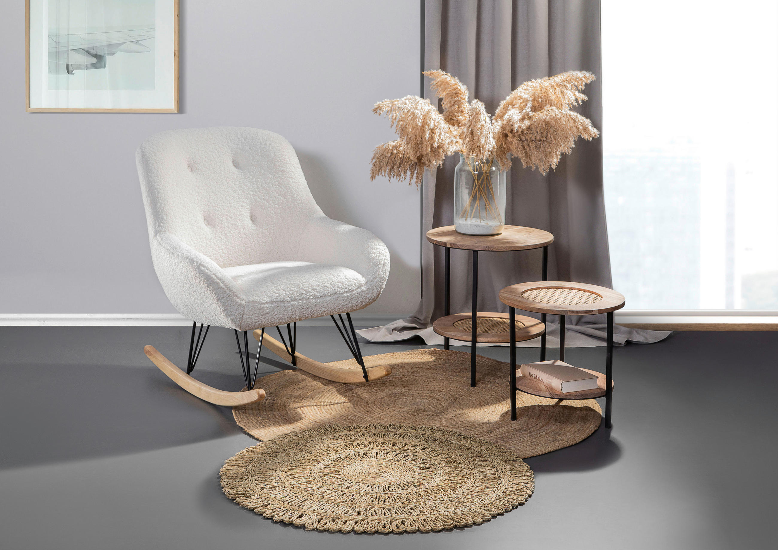 SCHAUKELSTUHL in Bouclé, Teddystoff Creme, Naturfarben, Schwarz  - Creme/Schwarz, KONVENTIONELL, Holz/Textil (72/88/95cm) - Livetastic