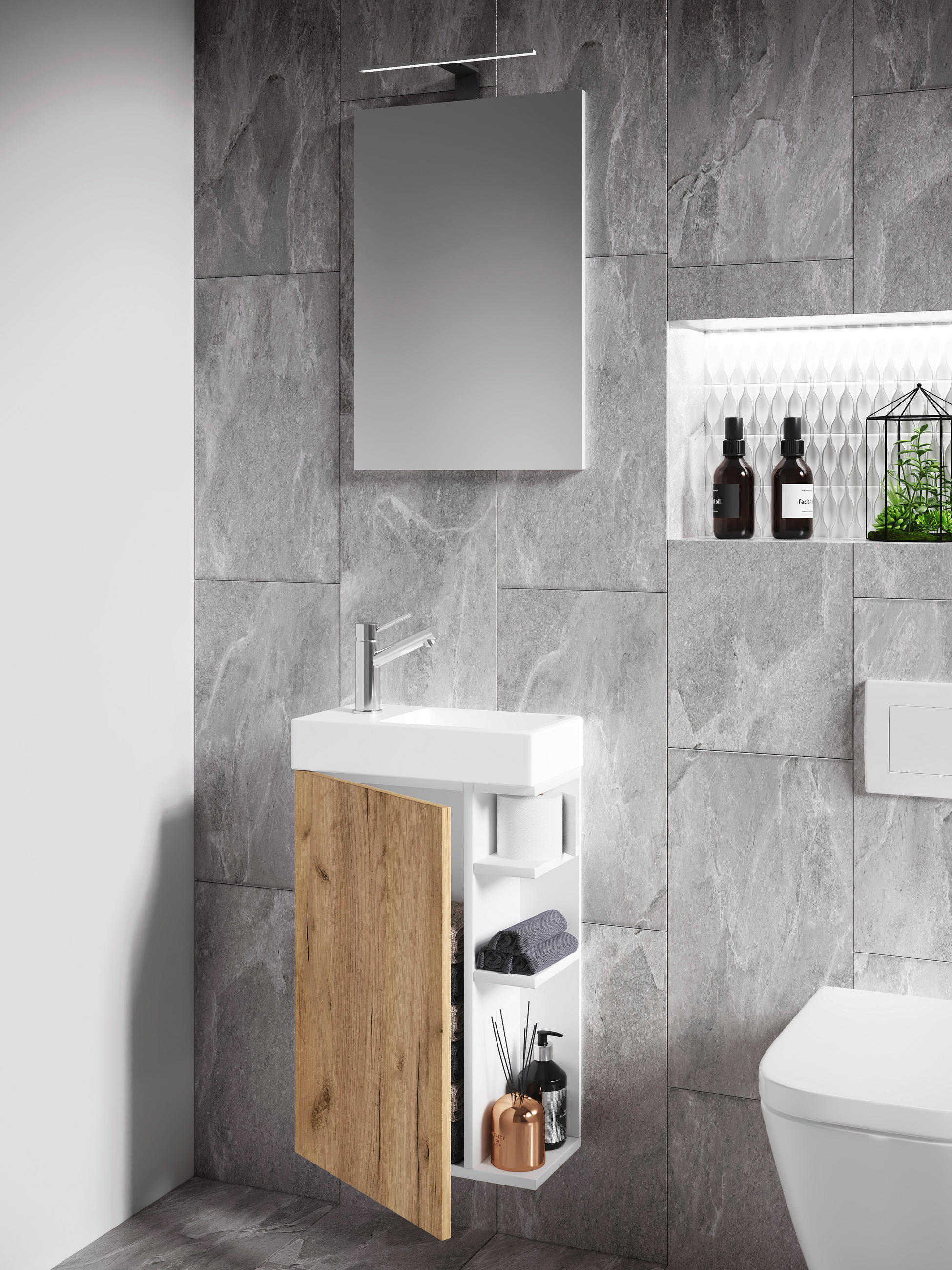 Thumbnail - Mid.you Gästebad, Weiß, Honigeiche, Holzwerkstoff, 3-teilig, 2 Fächer, 40 cm, erweiterbar, Badezimmer, Gäste-WC