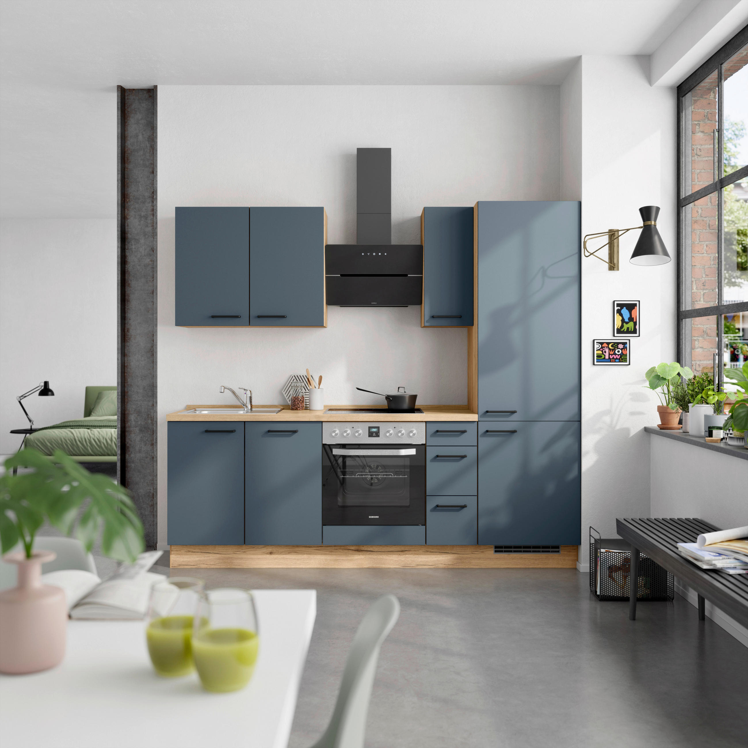 KÜCHENBLOCK 240 cm   in Eichefarben, Dunkelblau  - Eichefarben/Schwarz, MODERN, Holzwerkstoff/Metall (240cm) - Nobilia