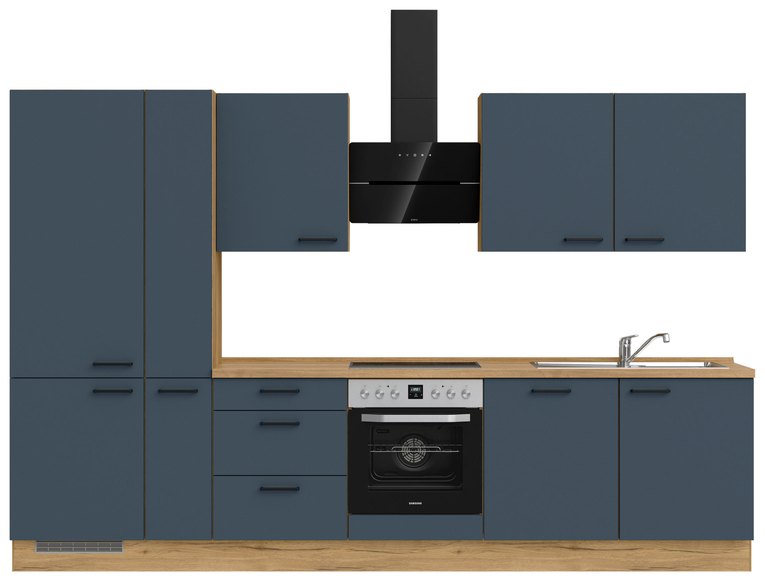 KÜCHENBLOCK 330 cm   in Eichefarben, Dunkelblau  - Eichefarben/Schwarz, MODERN, Holzwerkstoff/Metall (330cm) - Nobilia