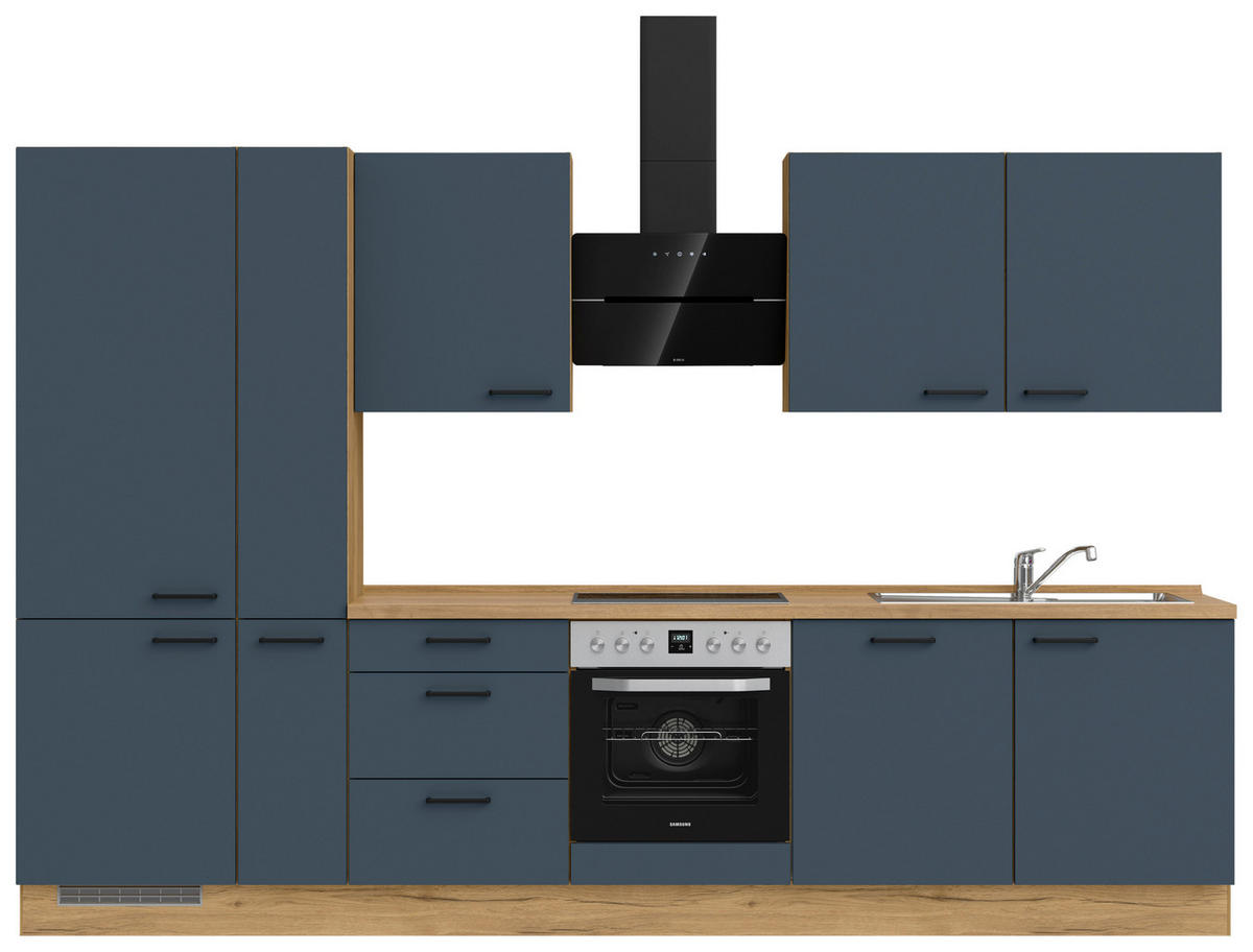 KÜCHENBLOCK 330 cm   in Eichefarben, Dunkelblau  - Eichefarben/Schwarz, MODERN, Holzwerkstoff/Metall (330cm) - Nobilia