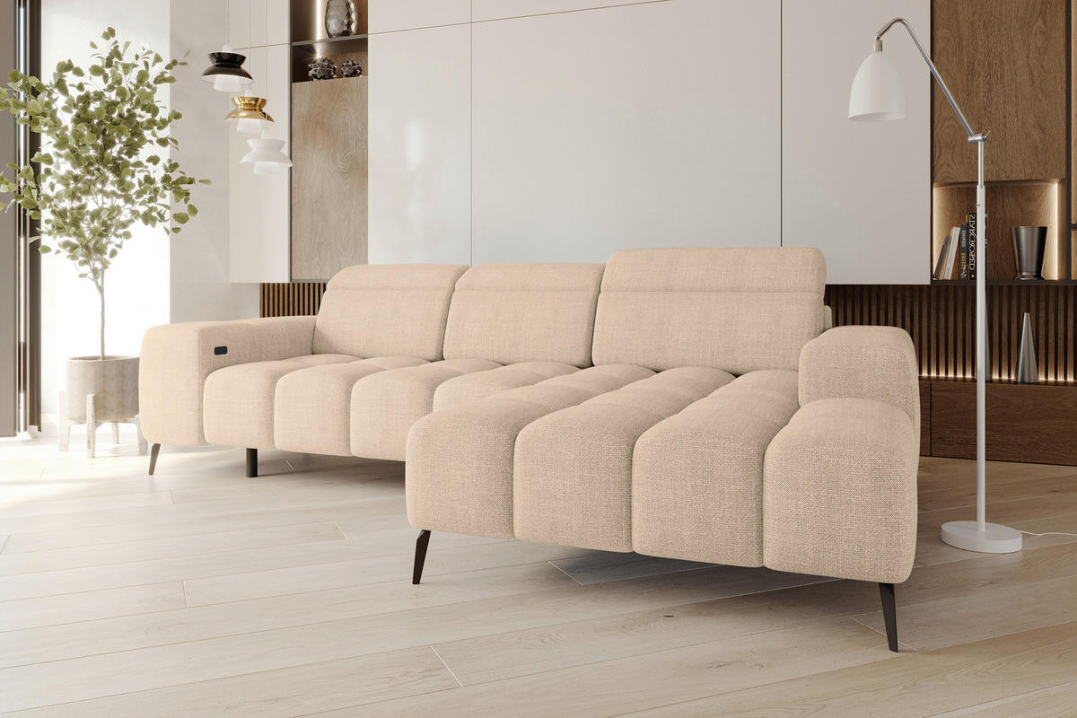 ECKSOFA Beige Flachgewebe Rücken echt, Kopfteilverstellung, Sitztiefenverstellung  - Beige/Schwarz, KONVENTIONELL, Kunststoff/Textil (273/171cm) - Carryhome