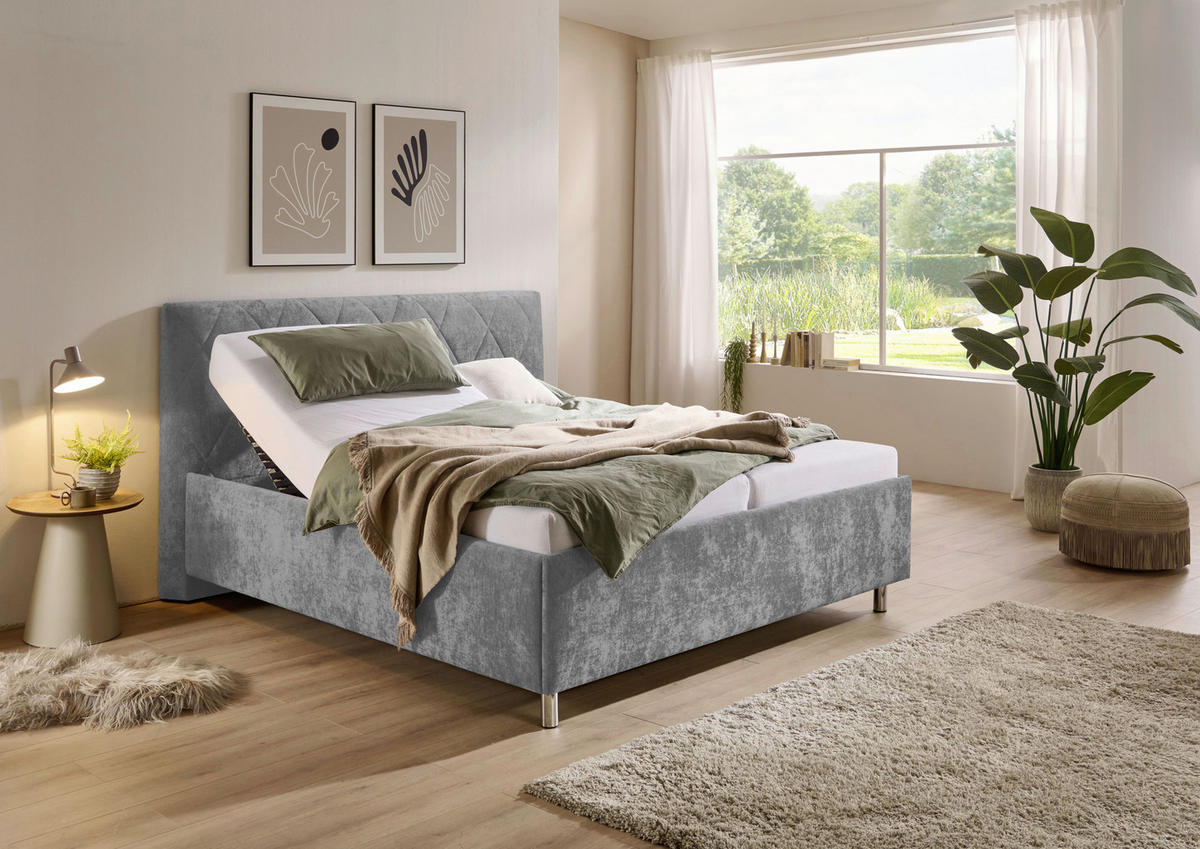 POLSTERBETT 180/200 cm,  in Hellgrau, Matratze, Lattenrost, motorische Verstellbarkeit, Fernbedienung, H2 + H3 = mittel + fest  - Chromfarben/Hellgrau, MODERN, Textil/Metall (180/200cm) - Xora