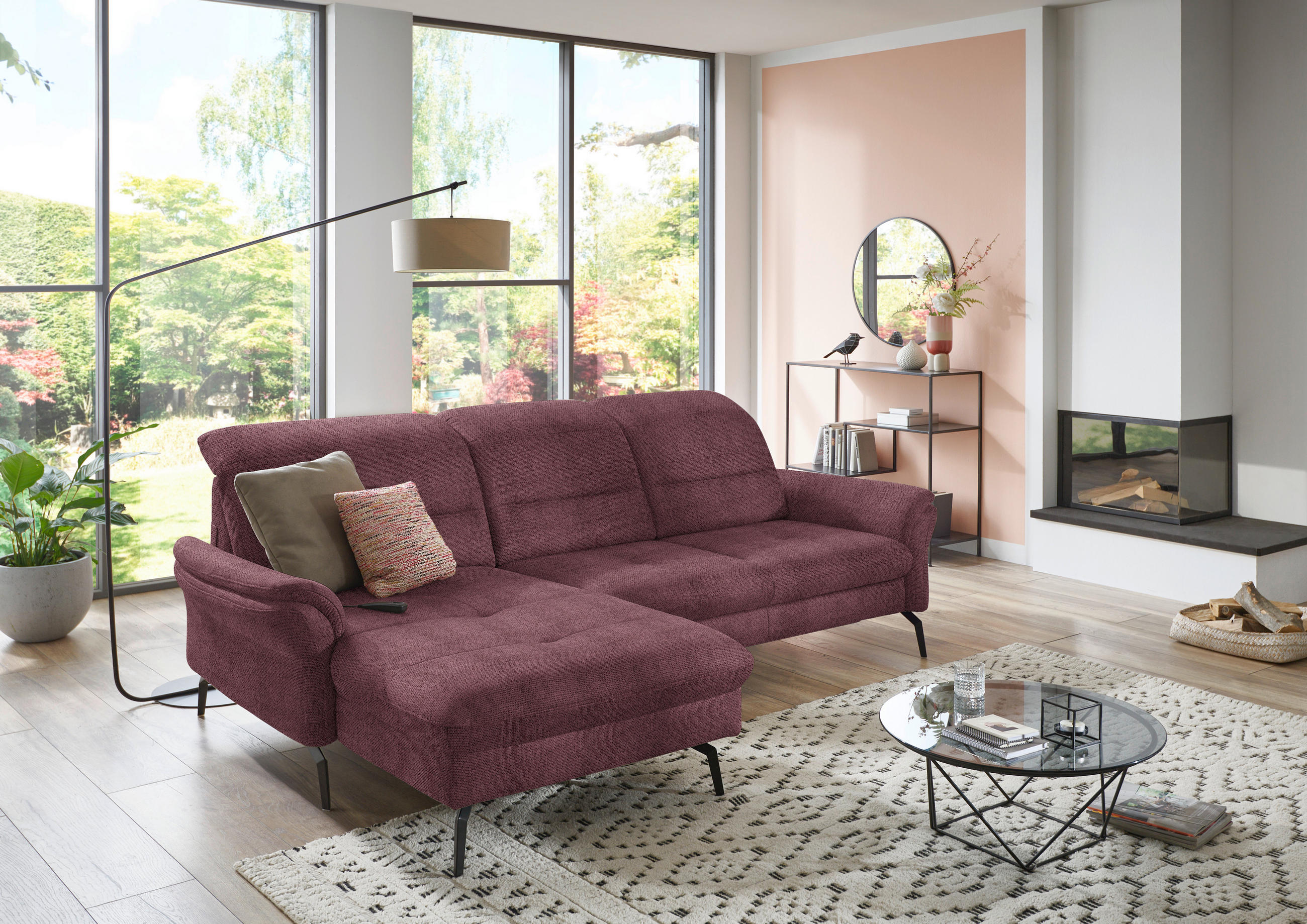 ECKSOFA in Flachgewebe Weinrot  - Weinrot/Schwarz, Konventionell, Textil/Metall (181/260cm) - Beldomo Speed