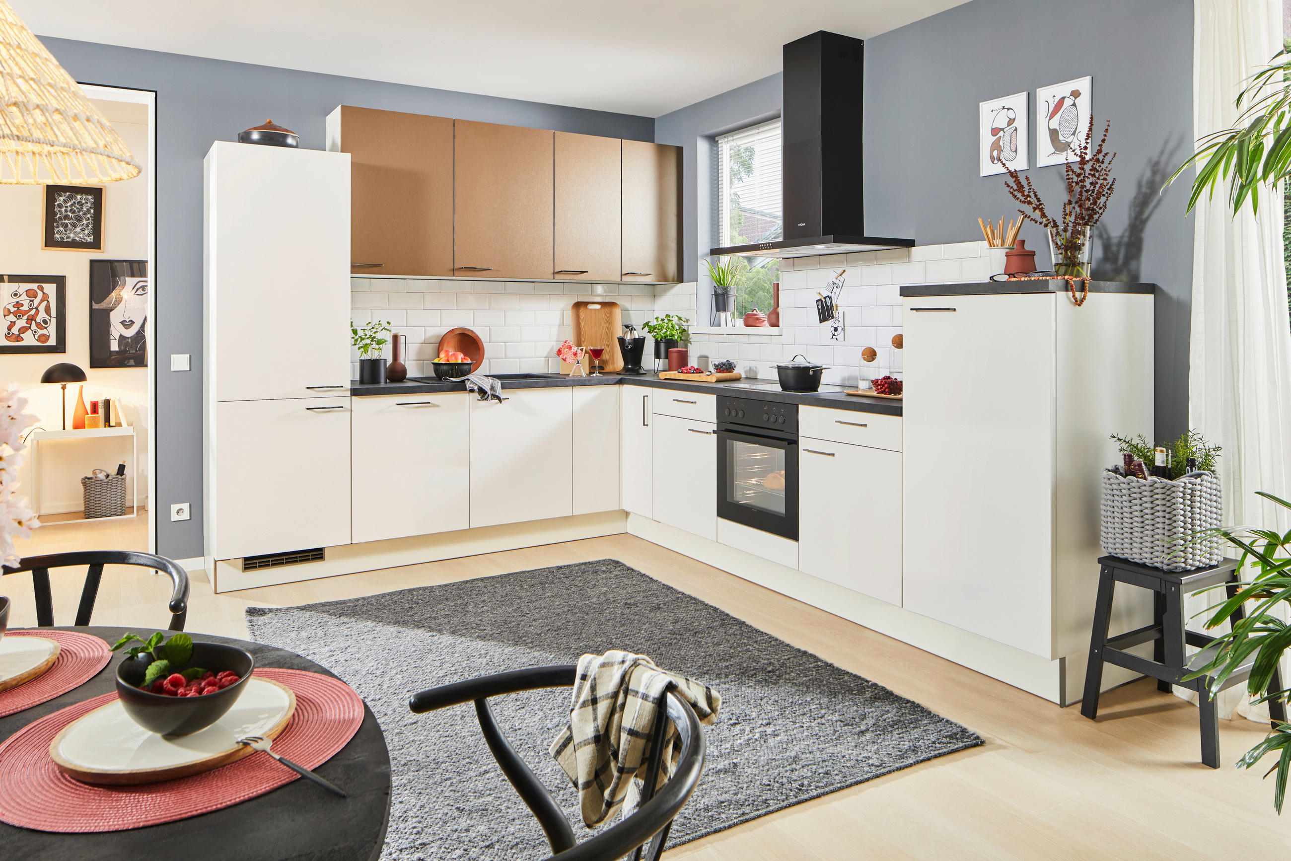 ECKKÜCHE 270/330 cm  in Weiß, Bronzefarben  - Schwarz/Weiß, Design, Holzwerkstoff/Metall (270/330cm) - Xora