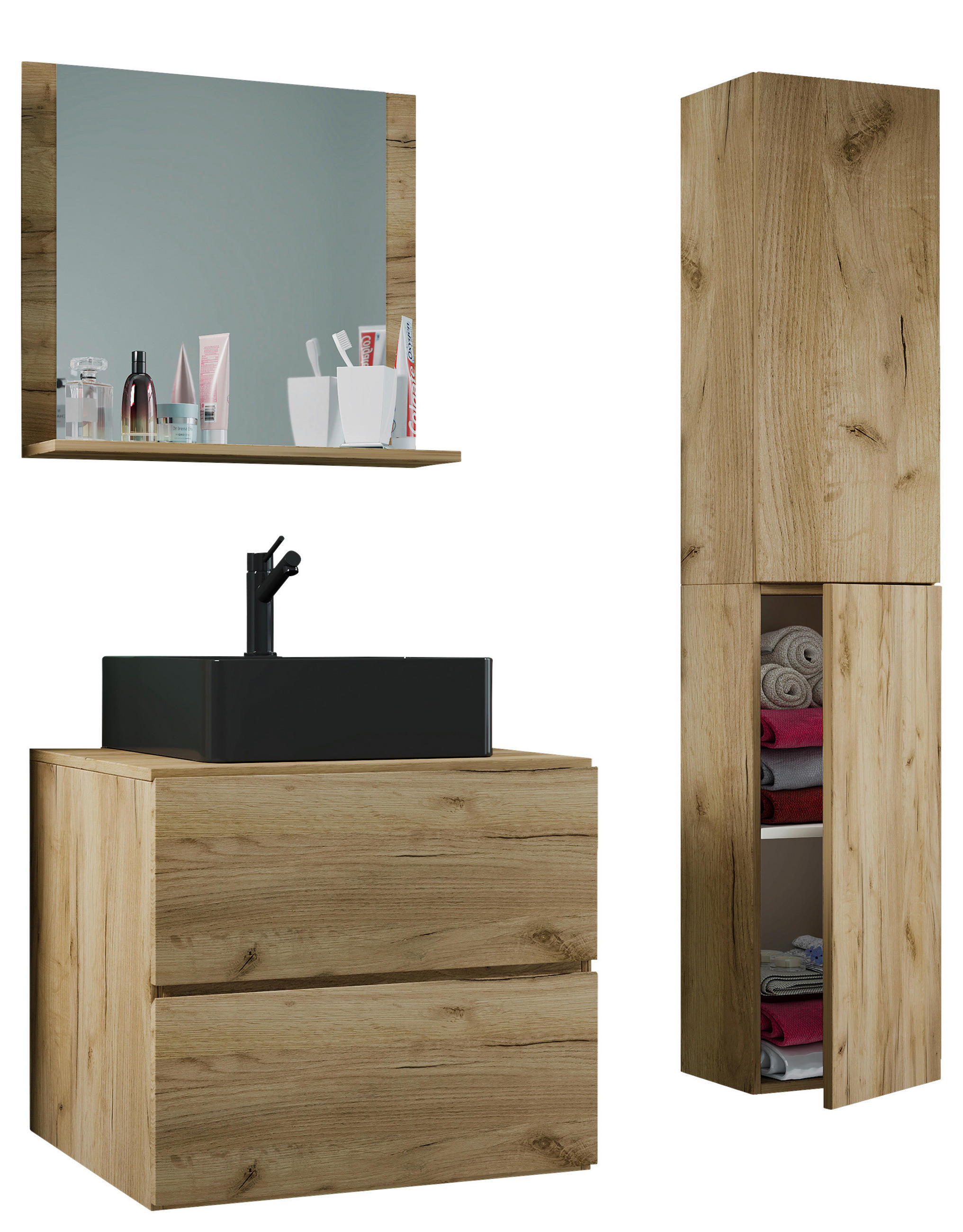 BADEZIMMER 4-teilig  in 94 cm  - Honigeiche/Schwarz, MODERN, Glas/Keramik (94cm) - MID.YOU