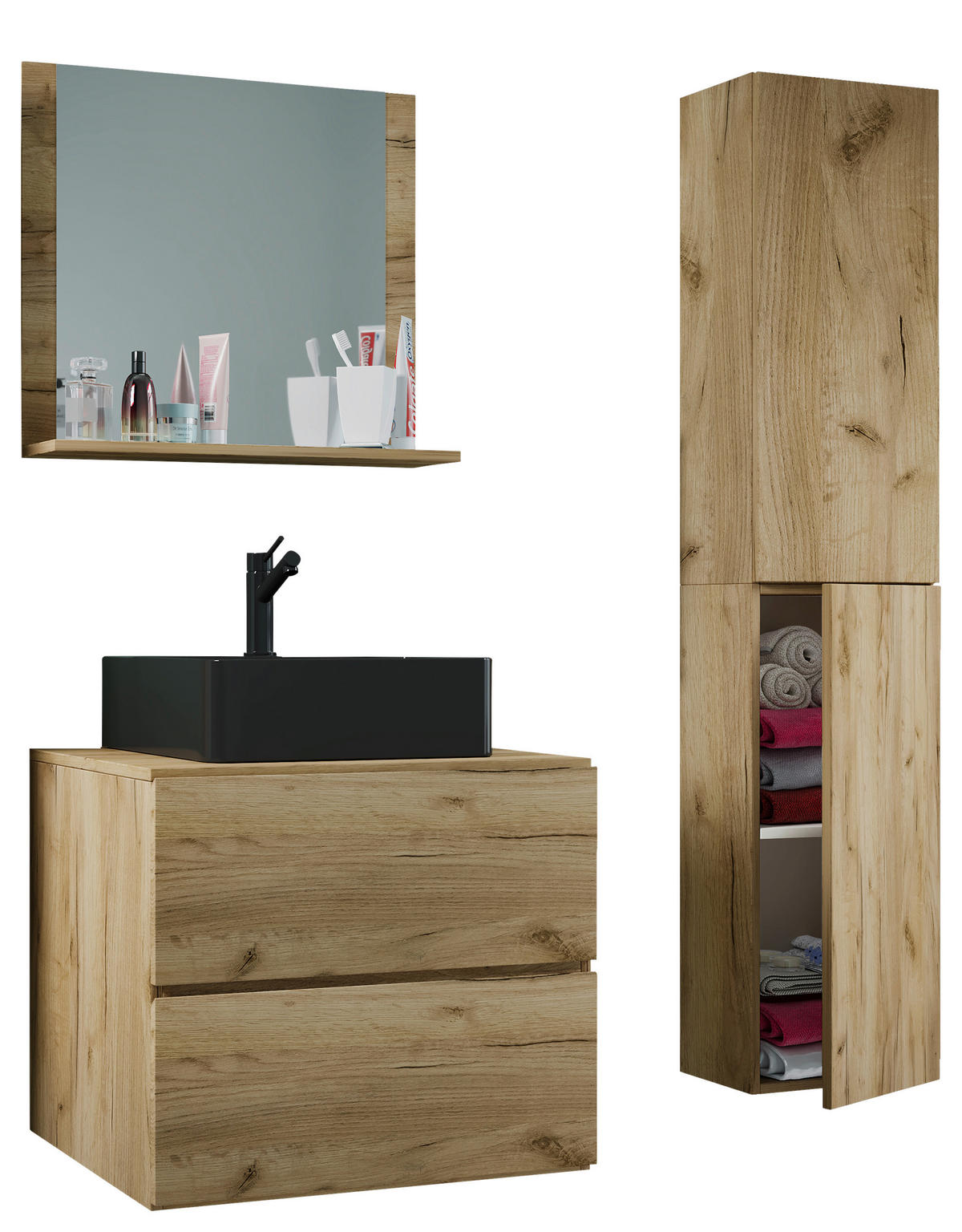 BADEZIMMER 4-teilig  in 94 cm  - Honigeiche/Schwarz, MODERN, Glas/Keramik (94cm) - MID.YOU