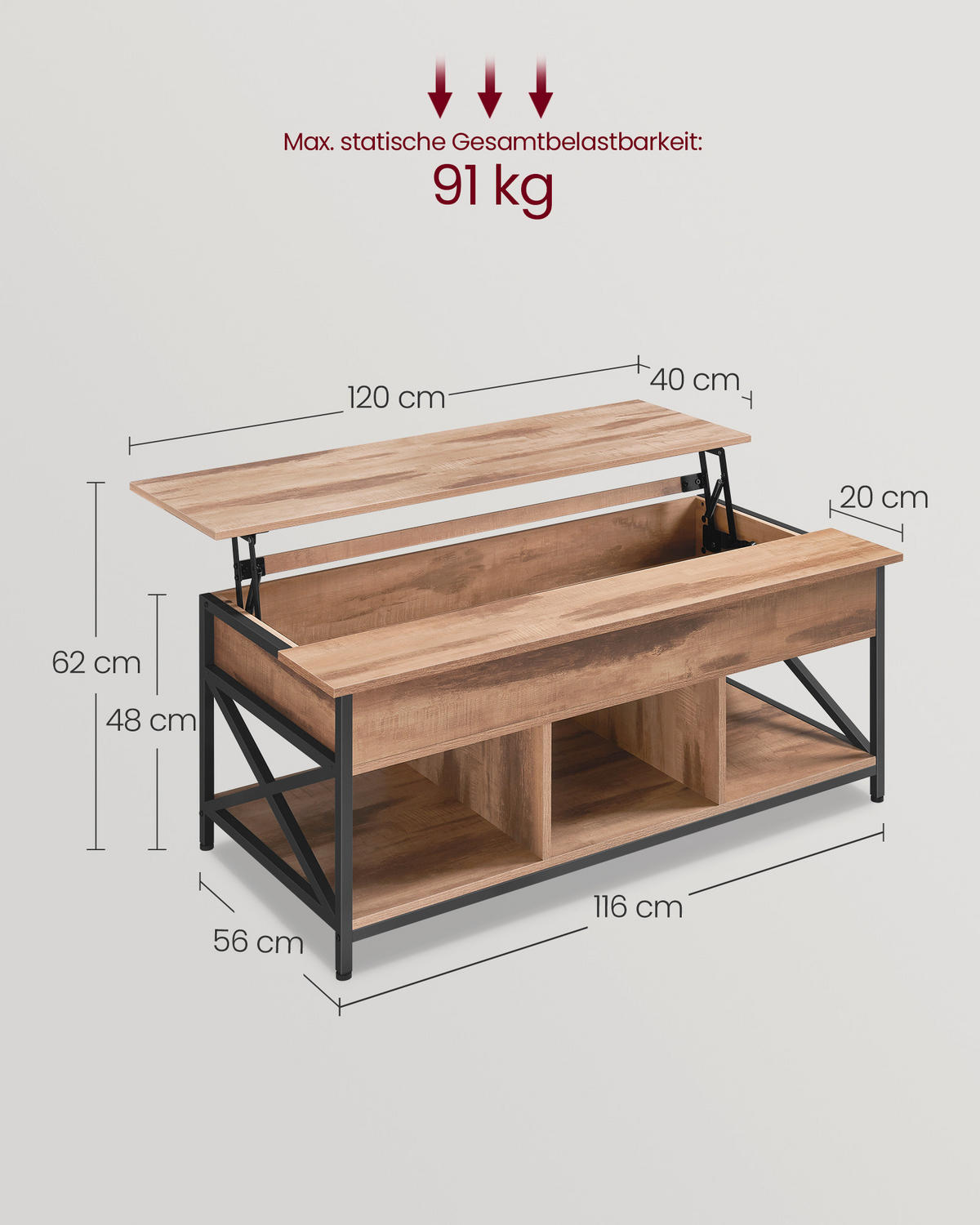 COUCHTISCH rechteckig Braun, Schwarz  - Schwarz/Braun, MODERN, Holzwerkstoff/Metall (120/60/48cm) - MID.YOU