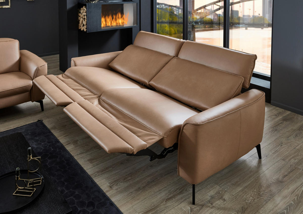 3-SITZER-SOFA in Echtleder Haselnussfarben  - Schwarz/Haselnussfarben, Natur, Leder/Metall (222/81/110cm) - Valdera