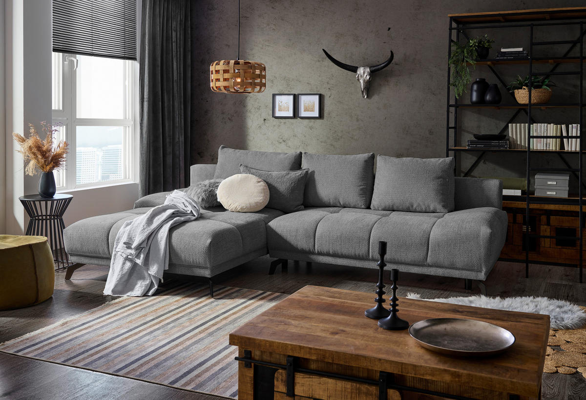 ECKSOFA Grau, Dunkelgrau Chenille  - Dunkelgrau/Schwarz, MODERN, Textil/Metall (182/290cm) - Hom`in