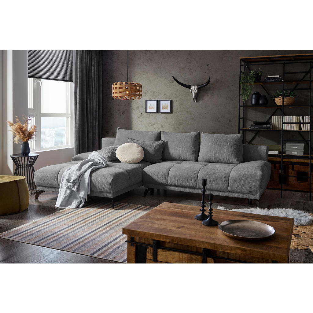 Thumbnail - Hom`in Ecksofa, Grau, Dunkelgrau, Textil, 5-Sitzer, Füllung: Schaumstoff, Ottomane links, L-Form, 290x182 cm, Stoffauswa...