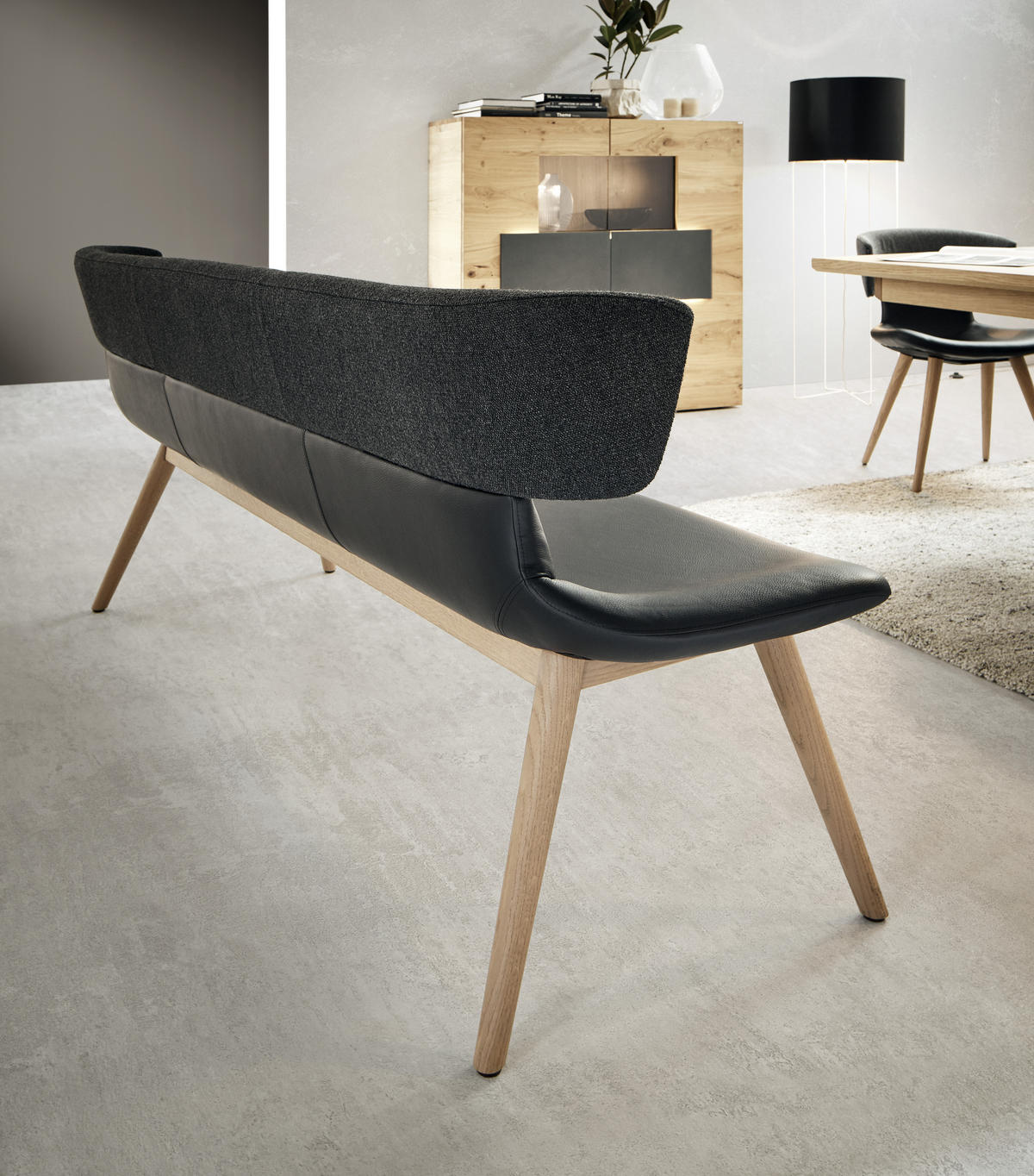 SITZBANK 210/84,5/64,5 cm Flachgewebe Echtleder Schwarz, Eichefarben Wildeiche massiv  - Eichefarben/Schwarz, Natur, Leder/Holz (210/84,5/64,5cm) - Voglauer