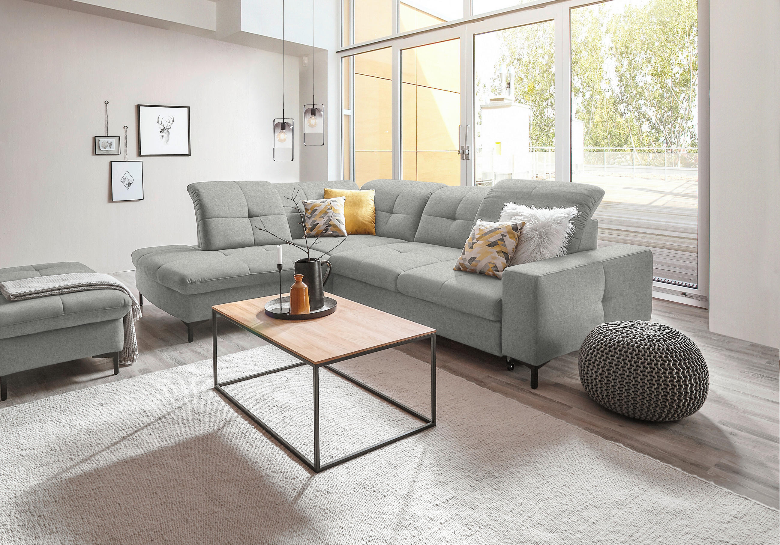 ECKSOFA in Chenille Hellgrau  - Hellgrau/Schwarz, Design, Textil/Metall (240/308cm) - Xora