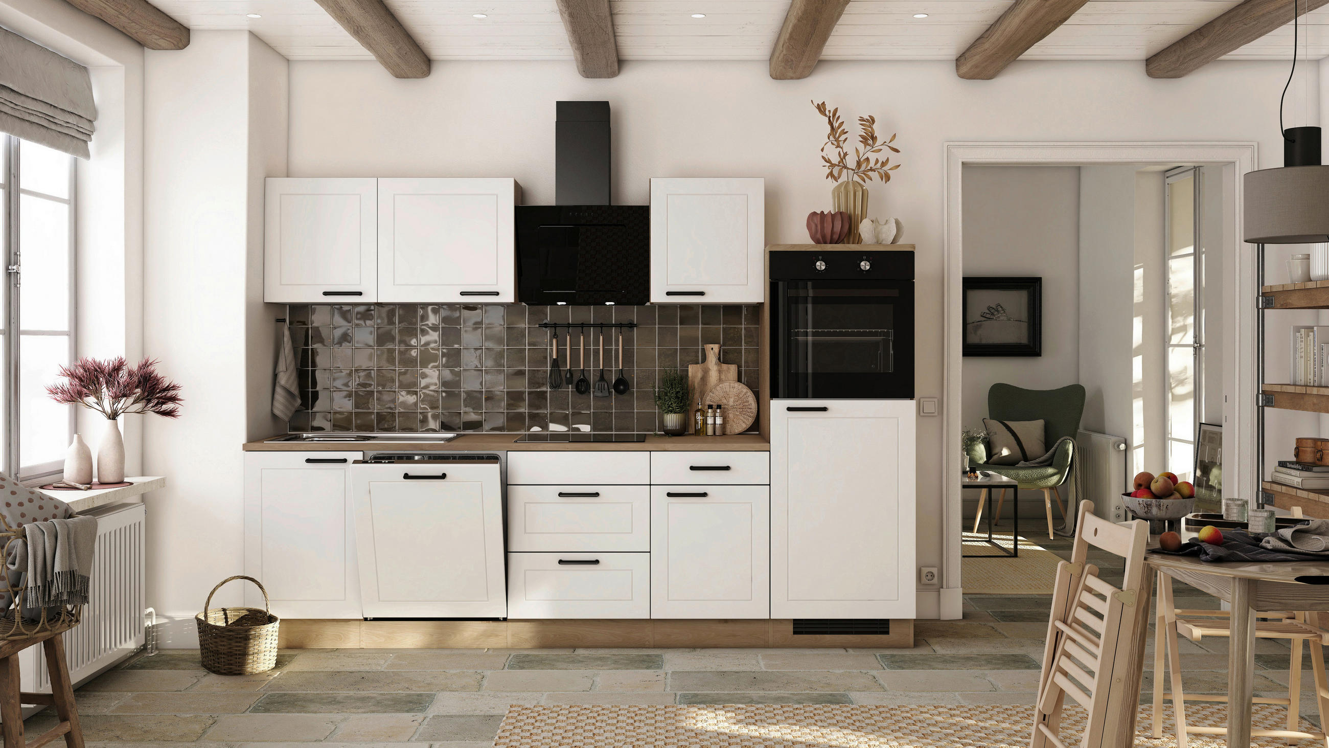 KÜCHENBLOCK 280 cm   in Weiß, Eichefarben  - Eichefarben/Schwarz, Basics, Holzwerkstoff/Metall (280cm) - FlexWell