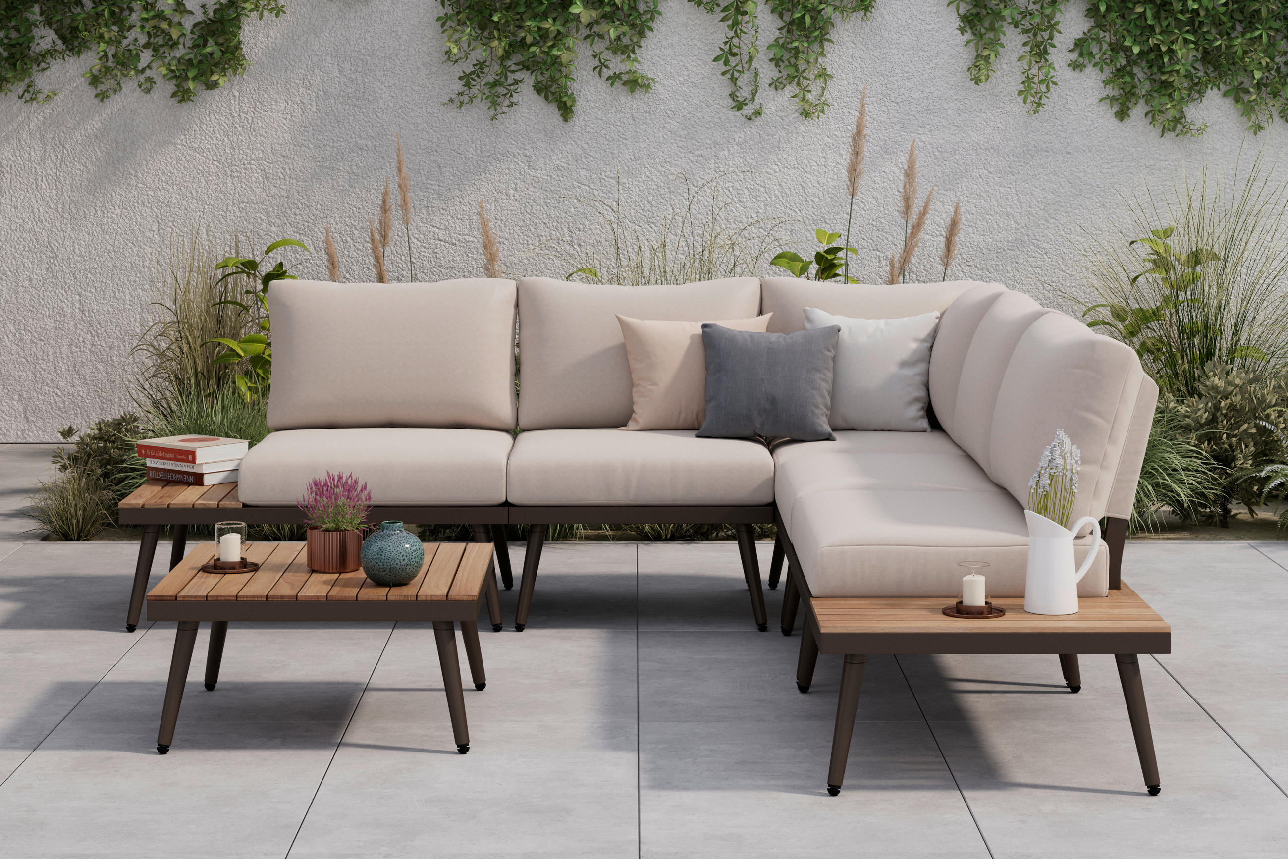 Set Lounge  230/230 cm   - bej/culoare lemn acacia, Natur, lemn/metal (230/230cm) - Amatio