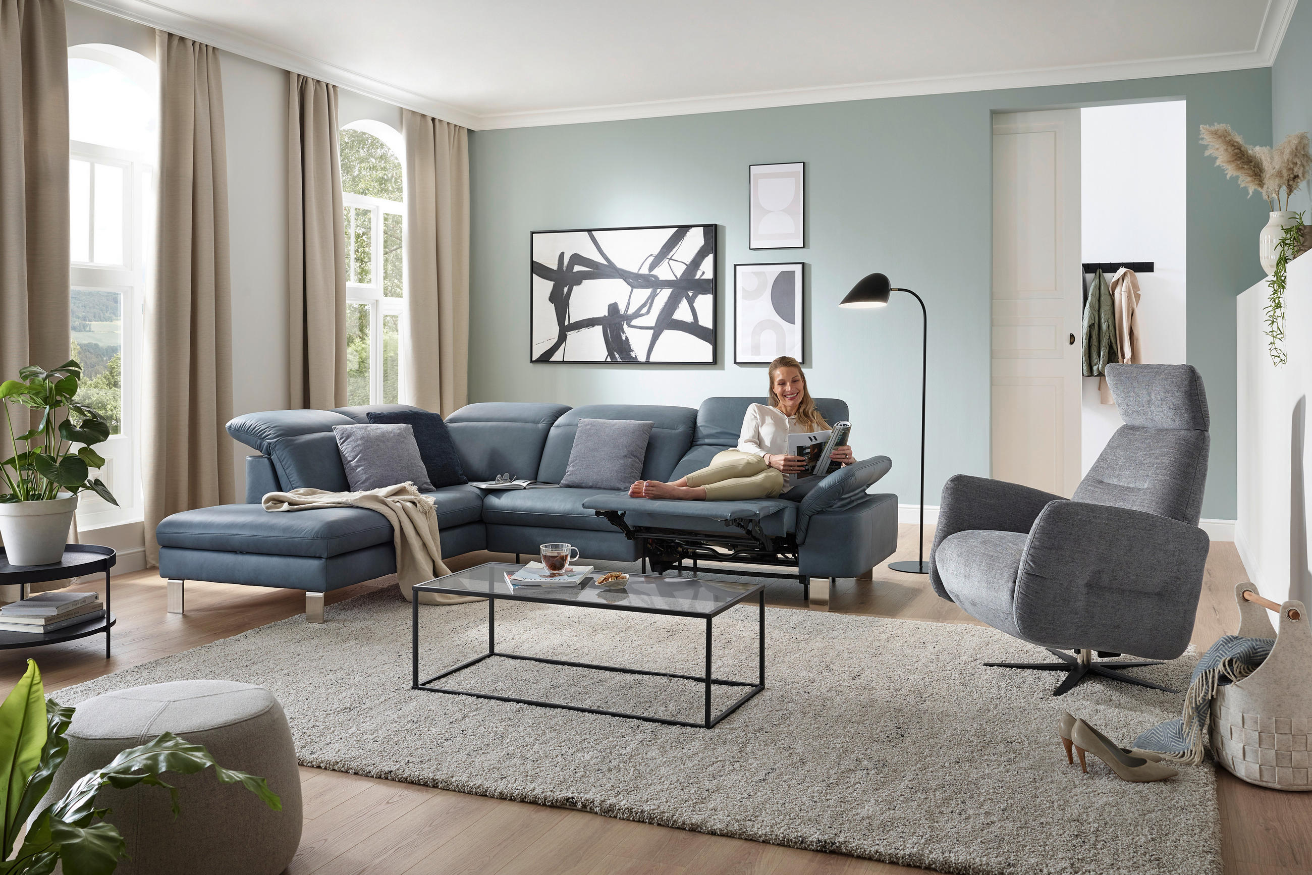 ECKSOFA in Echtleder Blaugrau  - Edelstahlfarben/Blaugrau, Design, Leder/Metall (309/233cm) - Dieter Knoll