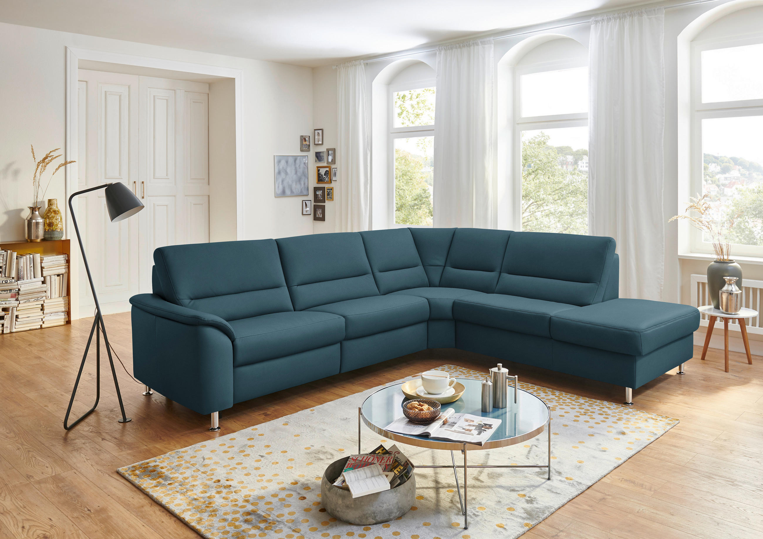 ECKSOFA in Echtleder Blau  - Blau/Alufarben, Konventionell, Leder/Metall (290/249cm) - Beldomo Premium