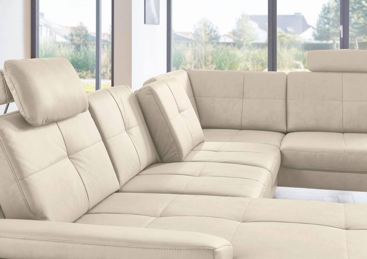 WOHNLANDSCHAFT in Lederlook, Mikrofaser Creme, Naturfarben  - Creme/Schwarz, Design, Textil/Metall (345/220cm) - Beldomo System