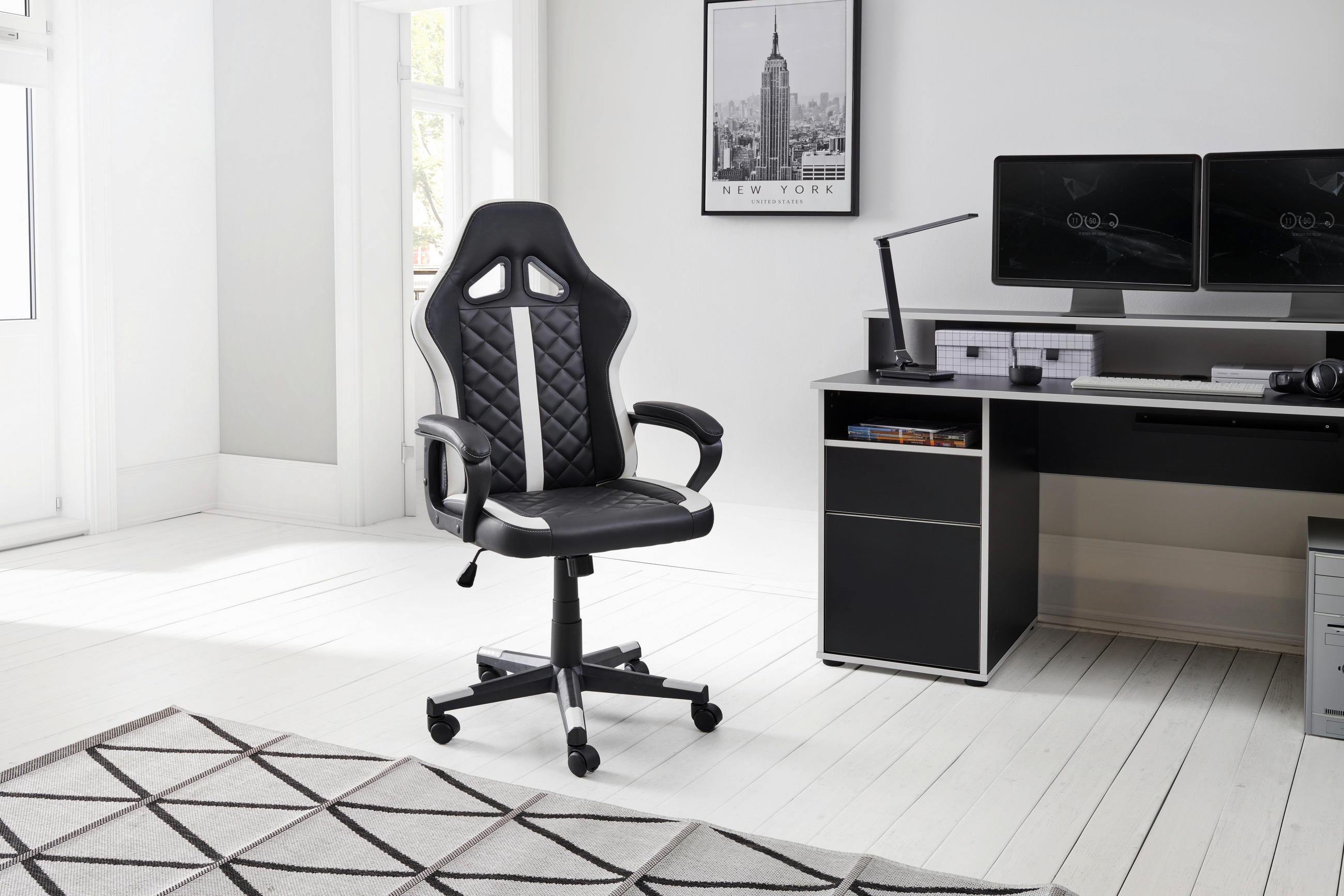 GAMINGSTUHL Schwarz, Weiß Metall, Kunststoff, Textil   - Schwarz/Weiß, LIFESTYLE, Kunststoff/Textil (60/114-124/62cm) - MID.YOU