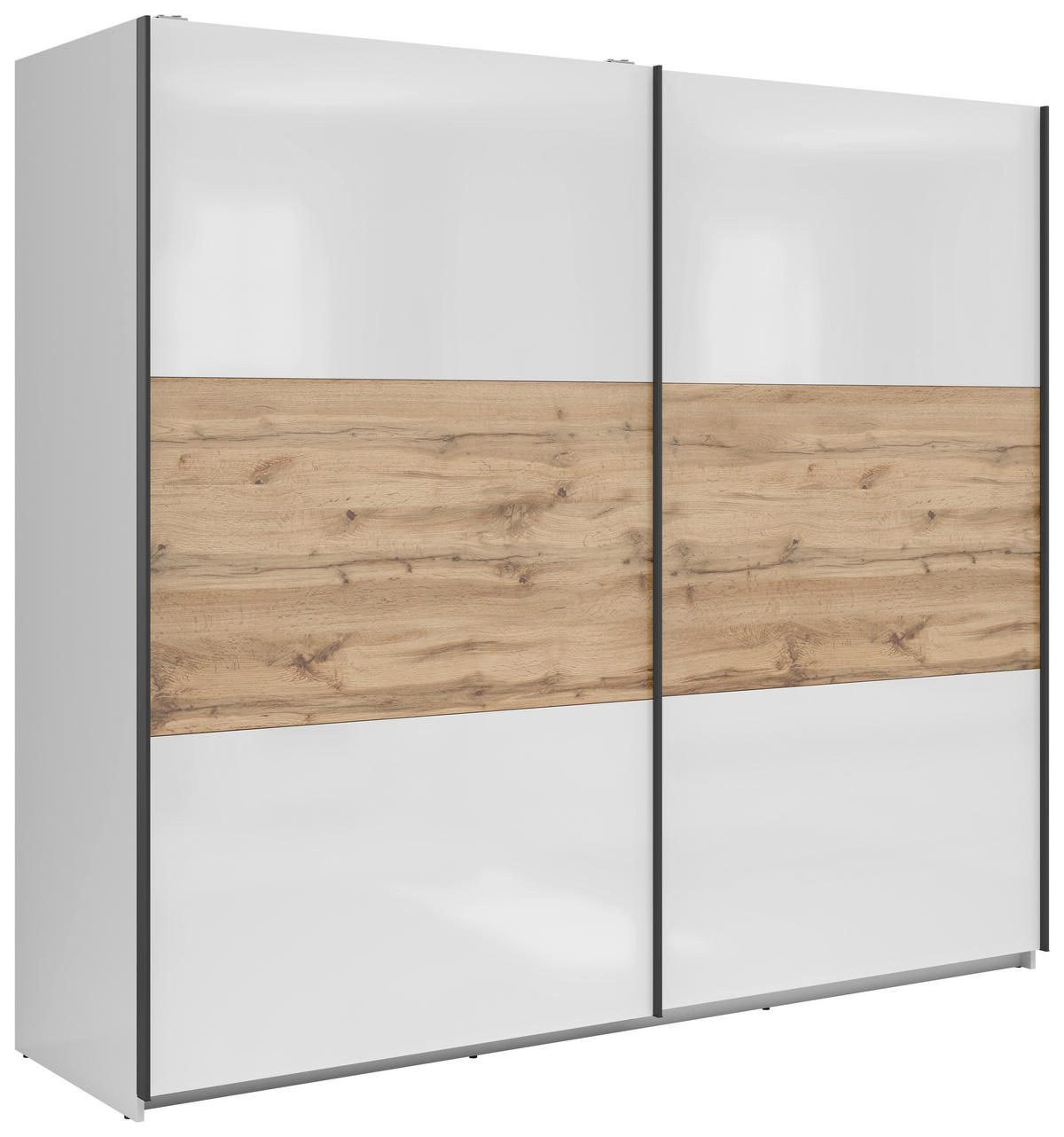 SCHWEBETÜRENSCHRANK 220/195,5/60 cm 2-türig Eiche Wotan, Weiß Hochglanz  - Weiß Hochglanz/Anthrazit, MODERN, Holzwerkstoff/Metall (220/195,5/60cm) - MID.YOU