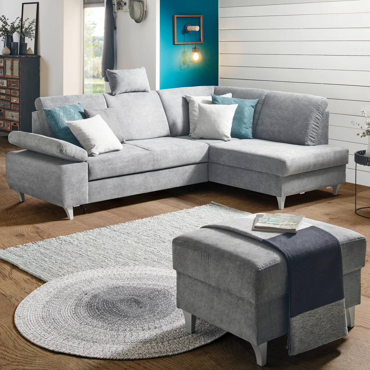 ECKSOFA in Flachgewebe Dunkelgrau  255/186 cm  - Dunkelgrau/Silberfarben, KONVENTIONELL, Holz/Textil (255/186cm) - Cantus