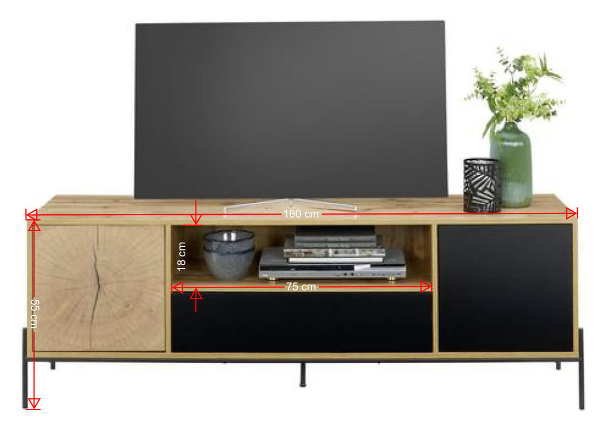 LOWBOARD  in 160/55/40 cm  - Eichefarben/Schwarz, Design, Holzwerkstoff/Metall (160/55/40cm) - Carryhome