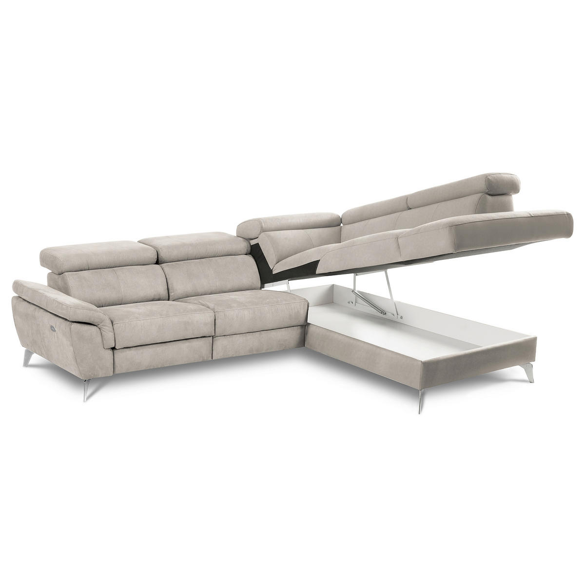 ECKSOFA SONO in Lederlook Hellgrau Bettkasten, Armteilverstellung, Kopfteilverstellung  265/210 cm  - Chromfarben/Hellgrau, Design, Textil/Metall (265/210cm) - Livetastic