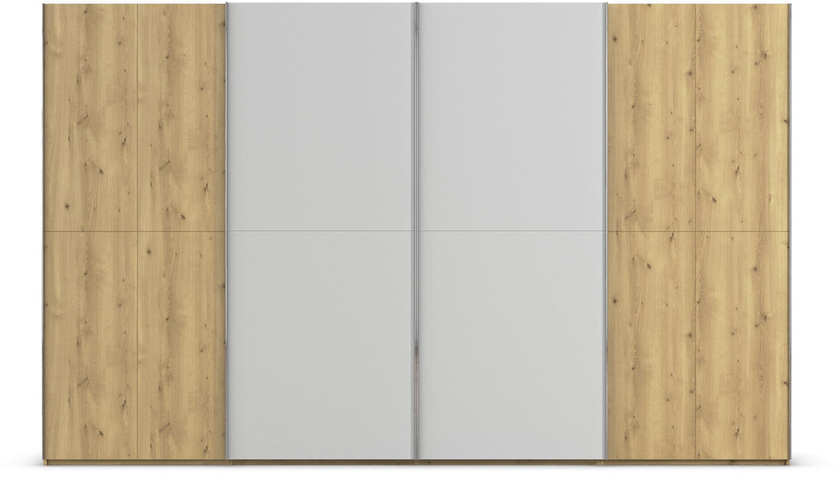 SCHWEBETÜRENSCHRANK 360/223/68 cm 4-türig Eichefarben, Chromfarben, Hellgrau  - Chromfarben/Eichefarben, Design, Glas/Holz (360/223/68cm) - Novel