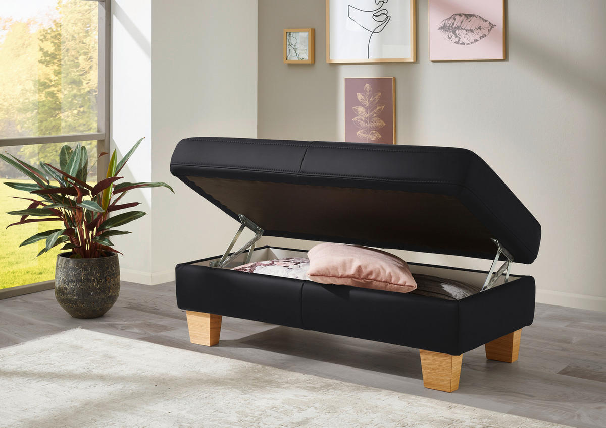 ECKSOFA in Echtleder Schwarz  - Eiche Bianco/Schwarz, Konventionell, Leder/Holz (235/257cm) - Valdera