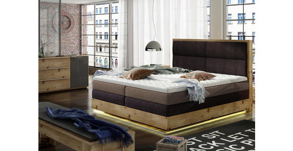 BOXSPRINGBETT Webstoff 140/200 cm INKL. Beleuchtung, Topper - Dunkelgrau/Eichefarben, Design, Holz/Textil (140/200cm) - Linea Natura