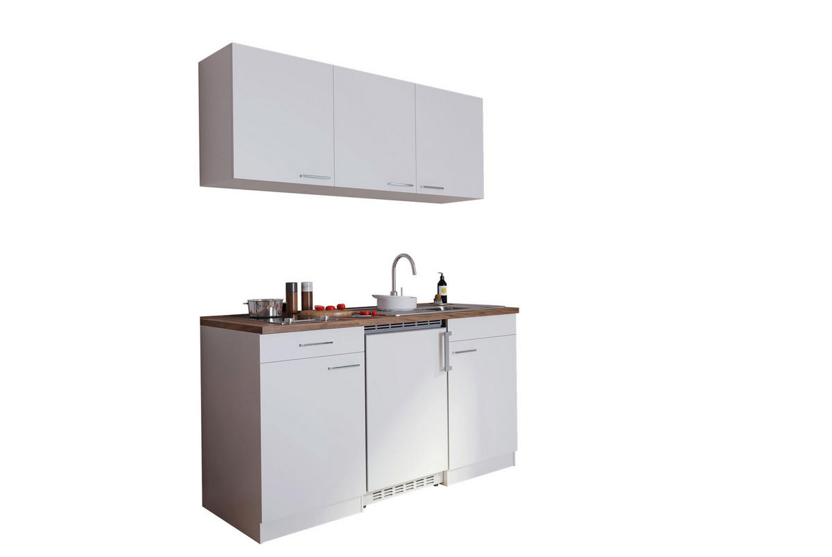 MINIKÜCHE 150 cm   in Weiß  - Edelstahlfarben/Nussbaumfarben, Basics, Holzwerkstoff/Kunststoff (150cm) - Respekta