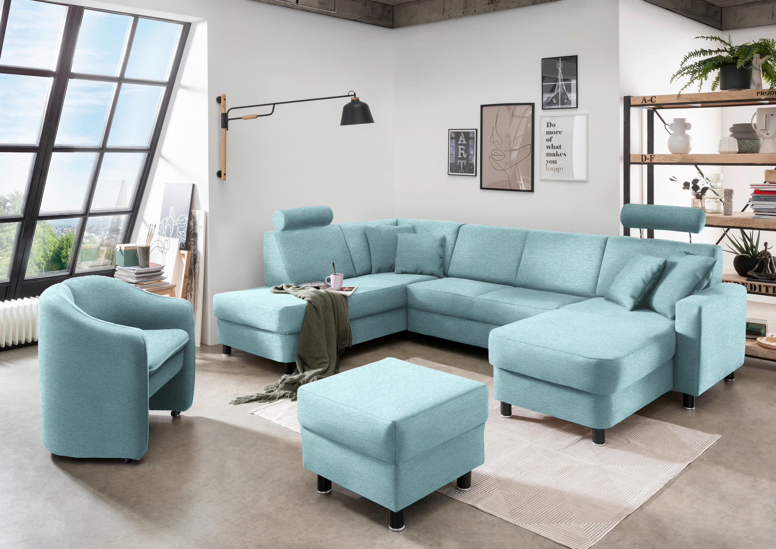 WOHNLANDSCHAFT in Webstoff Türkis  - Türkis/Schwarz, Design, Holz/Textil (198/296/165cm) - Xora