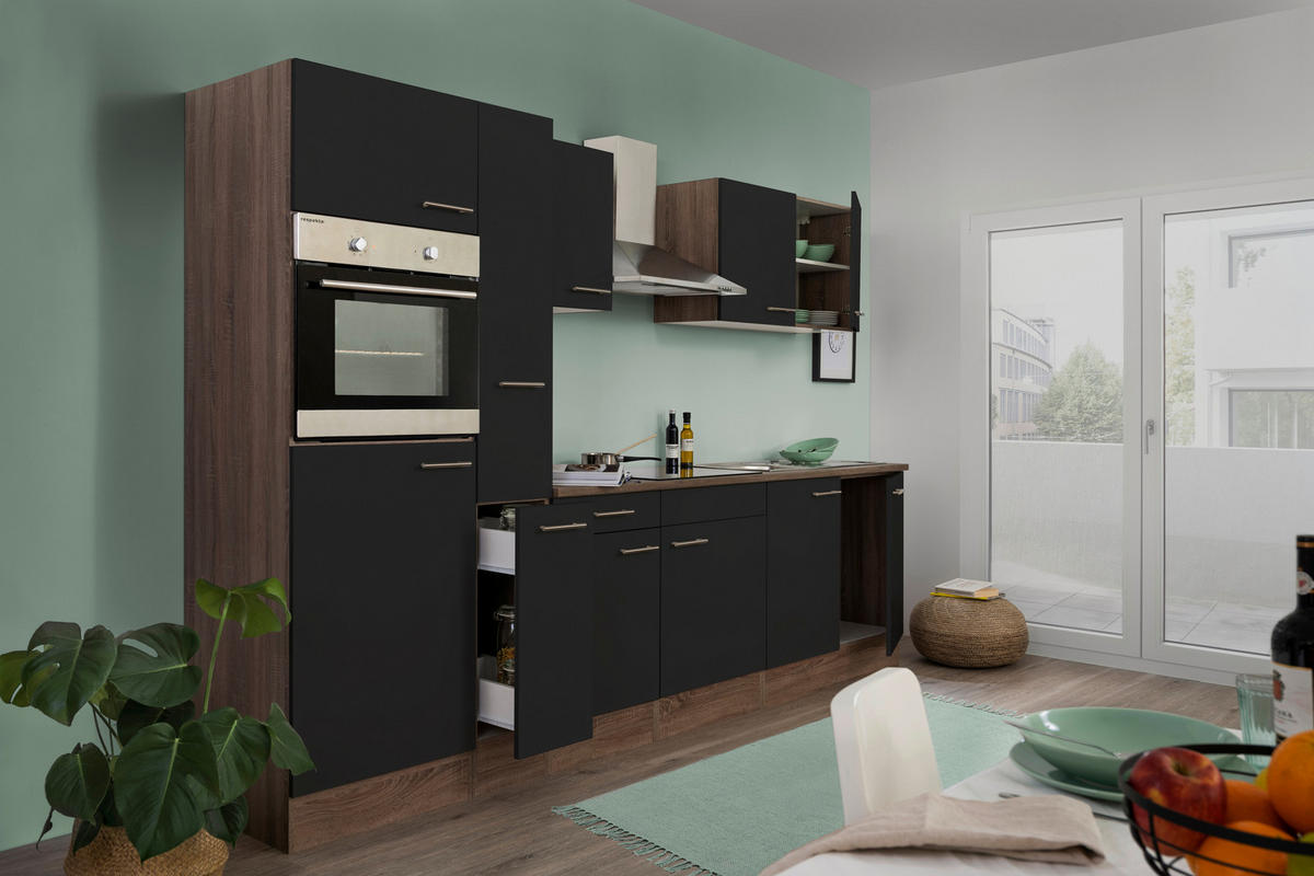 KÜCHENBLOCK 300 cm   in Schwarz, Eichefarben  - Edelstahlfarben/Eichefarben, Design, Holzwerkstoff/Metall (300cm) - Respekta