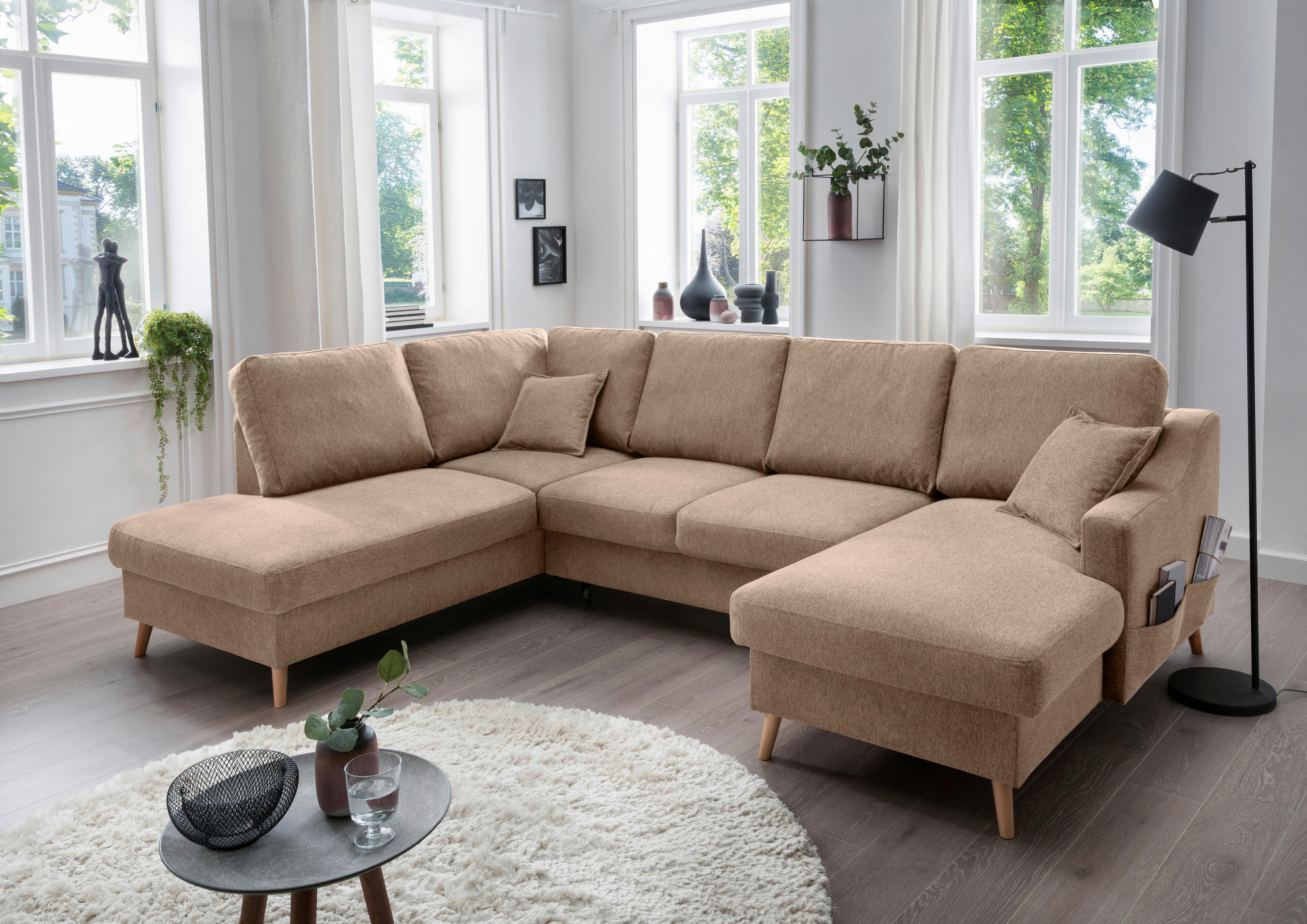 WOHNLANDSCHAFT Hellbraun Chenille  - Hellbraun/Naturfarben, KONVENTIONELL, Holz/Textil (200/301/150cm) - Livetastic