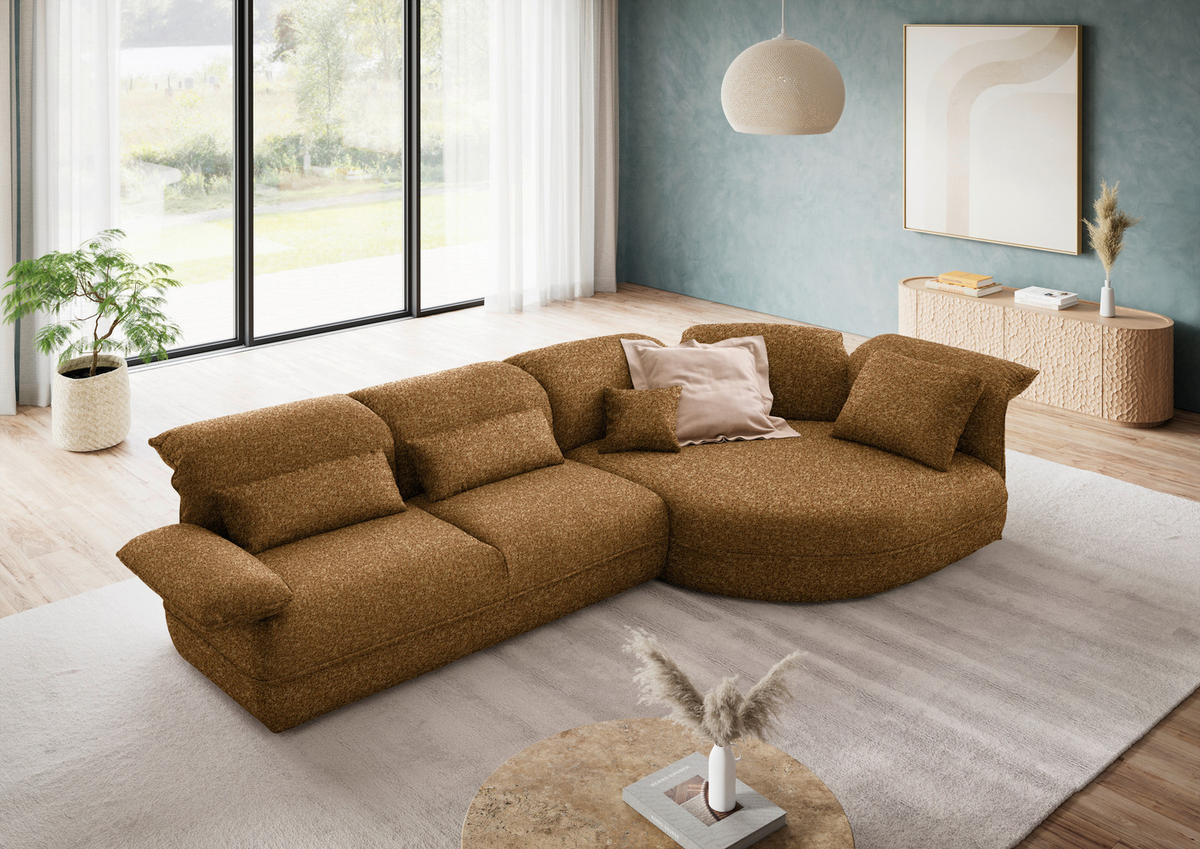 ECKSOFA Chenille Cognac  - Cognac/Schwarz, Design, Kunststoff/Textil (343/154cm) - Koinor