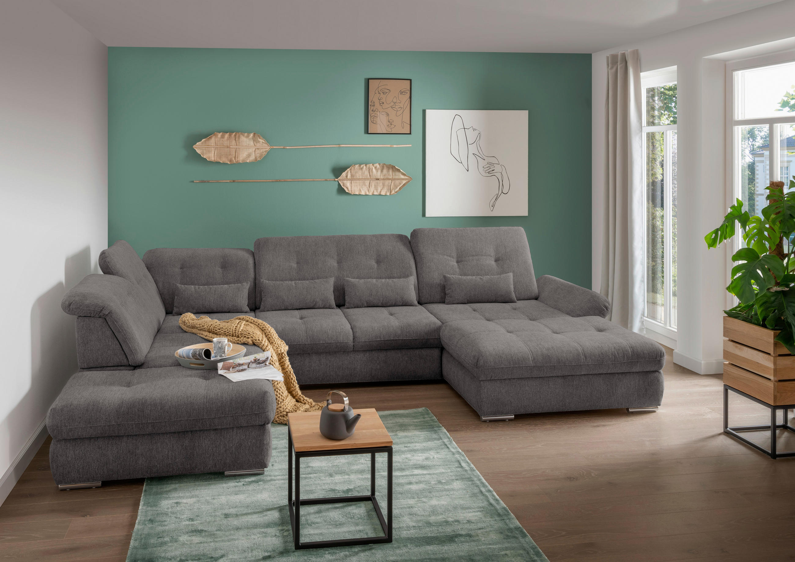 WOHNLANDSCHAFT Braun, Grau Chenille  - Chromfarben/Braun, Design, Textil/Metall (254/376/195cm) - Livetastic