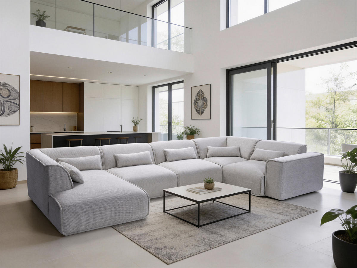 WOHNLANDSCHAFT Flachgewebe Naturfarben  - Schwarz/Naturfarben, Design, Kunststoff/Textil (165/368/211cm) - Lomoco