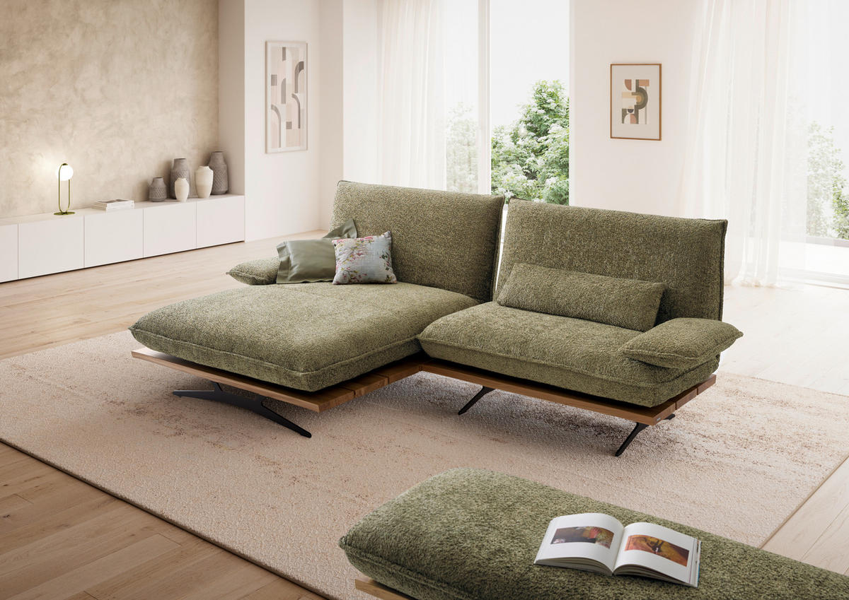 ECKSOFA Wildeiche, Graugrün Chenille, Flachgewebe Rücken echt, Armteilverstellung, Relaxfunktion, Drehsitzfunktion  - Wildeiche/Schwarz, Design, Holz/Textil (161/284cm) - Koinor