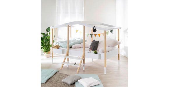 HAUSBETT 90/200 cm,  in Weiß, Kieferfarben, Leiter, Lattenrost  - Weiß/Kieferfarben, Basics, Holz (90/200cm) - Xora