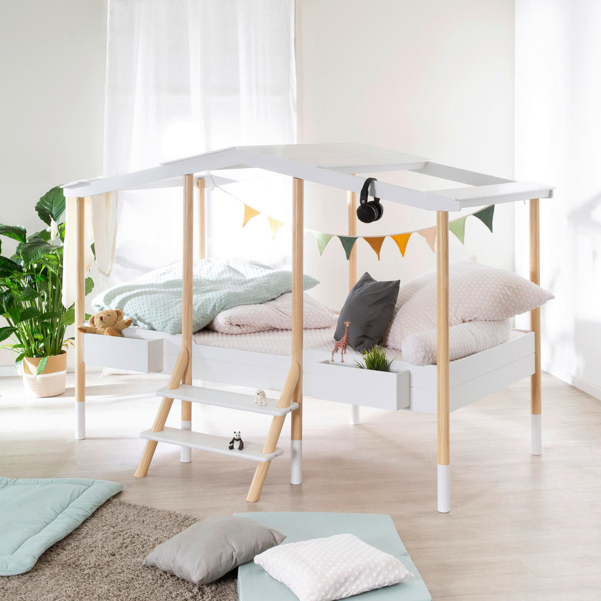 HAUSBETT 90/200 cm,  in Weiß, Kieferfarben, Leiter, Lattenrost  - Weiß/Kieferfarben, Basics, Holz (90/200cm) - Xora