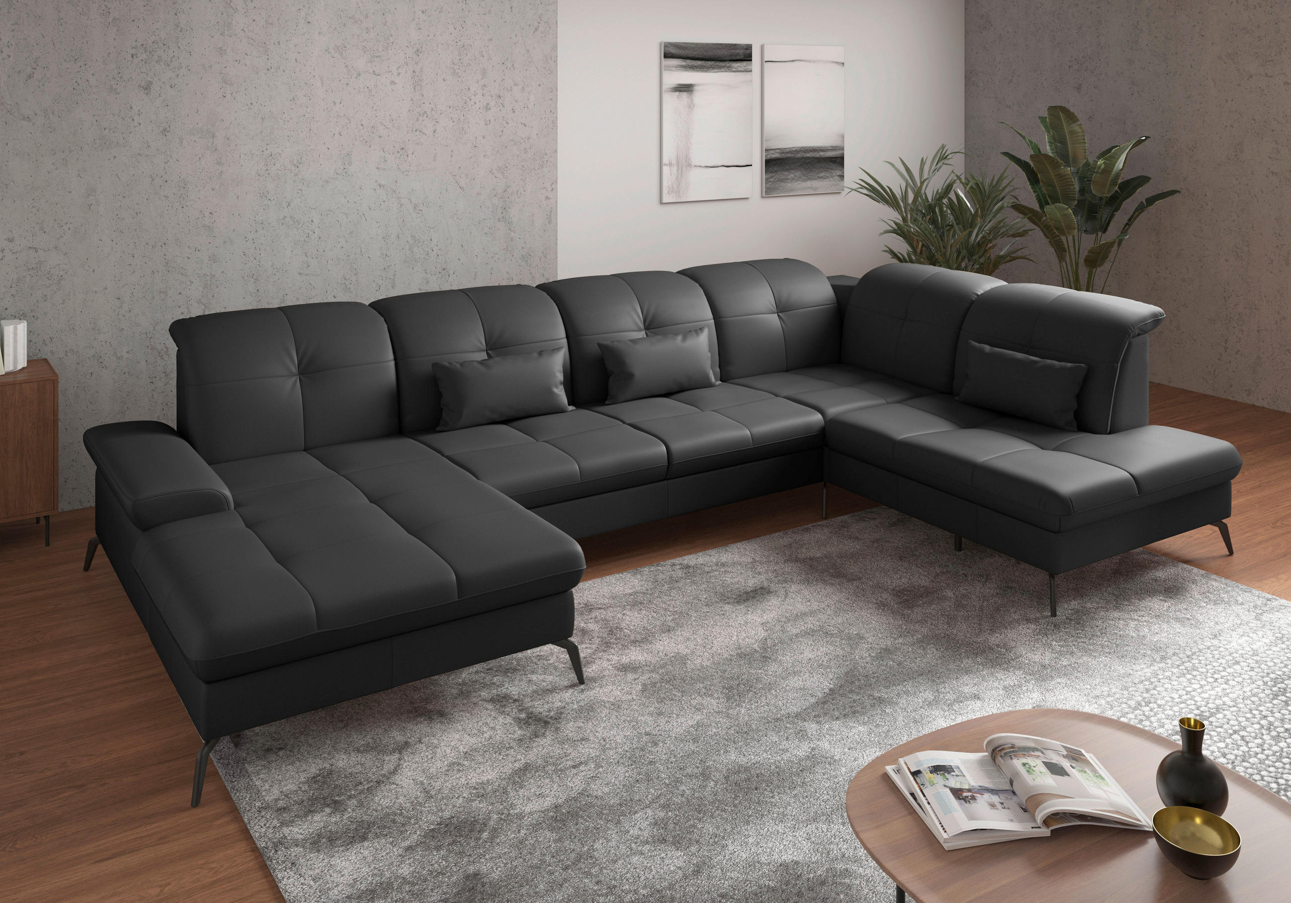 WOHNLANDSCHAFT in Echtleder Schwarz  - Schwarz, KONVENTIONELL, Leder/Metall (185/357/231cm) - Sit & More