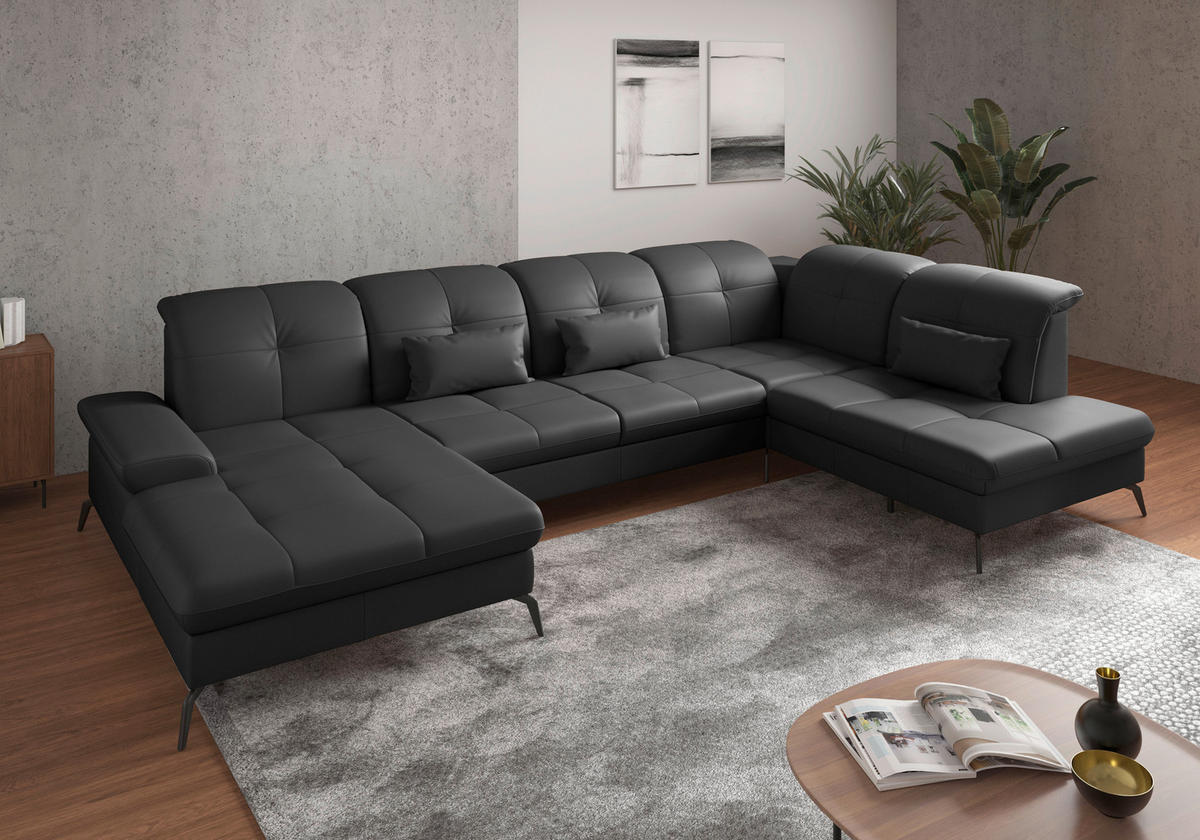 WOHNLANDSCHAFT Schwarz Kombination Echtleder/Stoff Vliesstoff  - Schwarz, KONVENTIONELL, Leder/Textil (185/357/231cm) - Sit & More