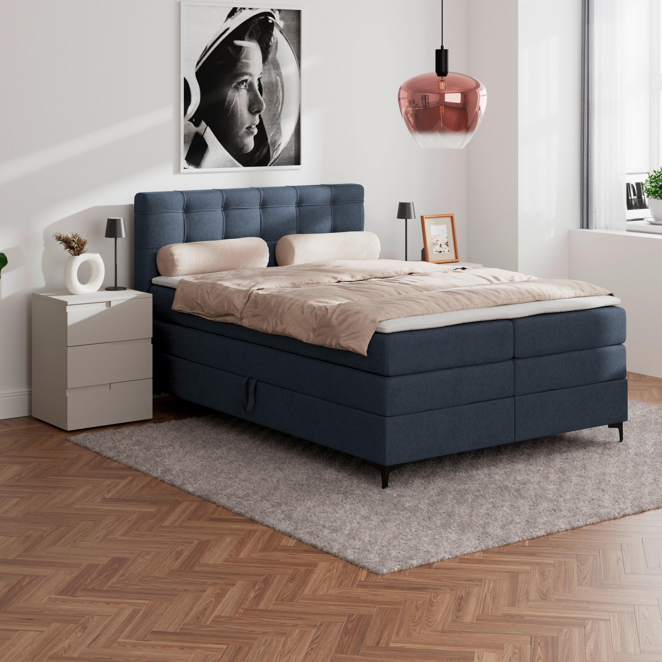 BOXSPRINGBETT 140/200 cm,  in Dunkelblau, H3 = fest  - Schwarz/Dunkelblau, KONVENTIONELL, Kunststoff/Textil (140/200cm)