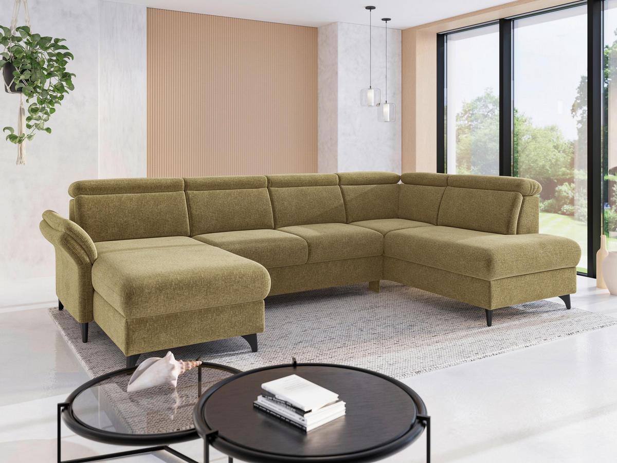 WOHNLANDSCHAFT GLENDALE E in Flachgewebe Olivgrün  - Schwarz/Olivgrün, KONVENTIONELL, Textil/Metall (166/321/193cm) - Sit & More