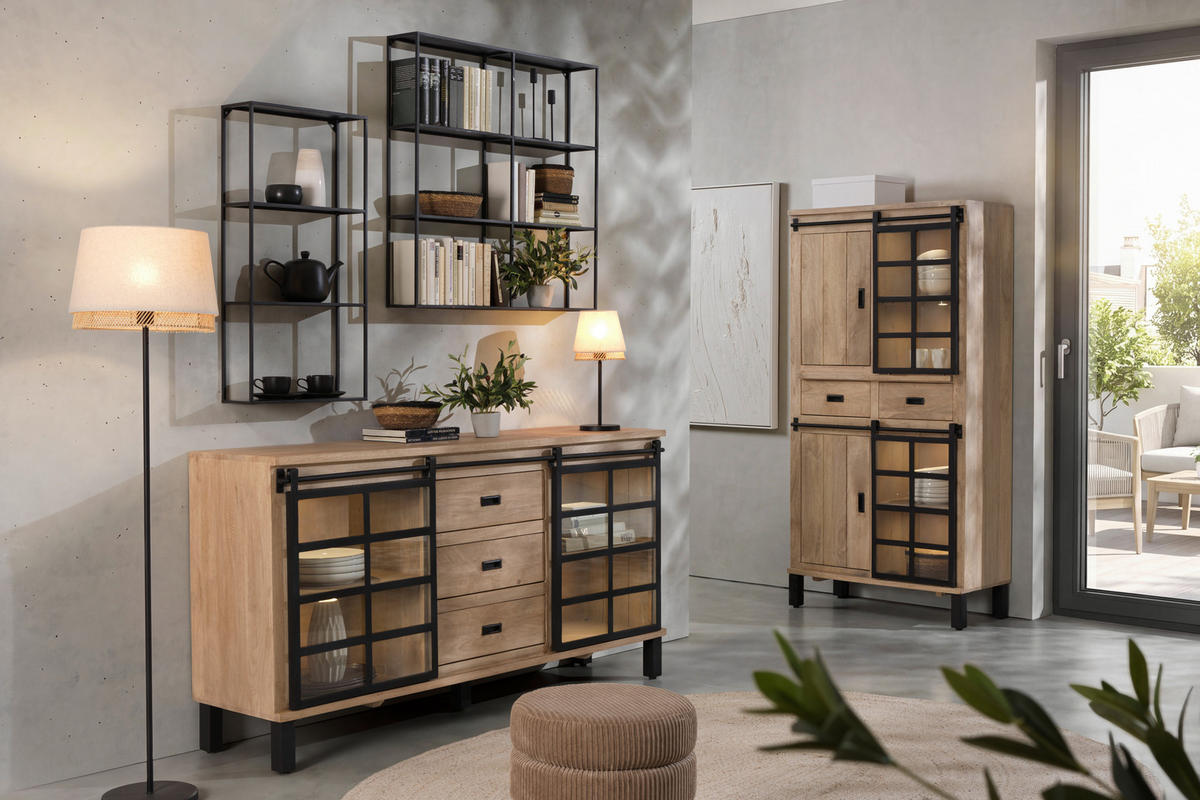 VITRINE Hartholz Mangoholz Schwarz, Graubraun  - Graubraun/Schwarz, Lifestyle, Glas/Holz (90/180/42cm) - Landscape