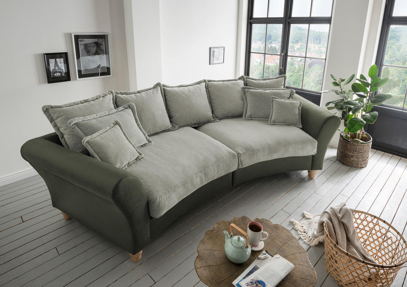BIGSOFA Chenille, Mikrofaser Grün, Hellgrün - Wildeiche/Hellgrün, MODERN, Holz/Textil (328/98/134cm) - Livetastic