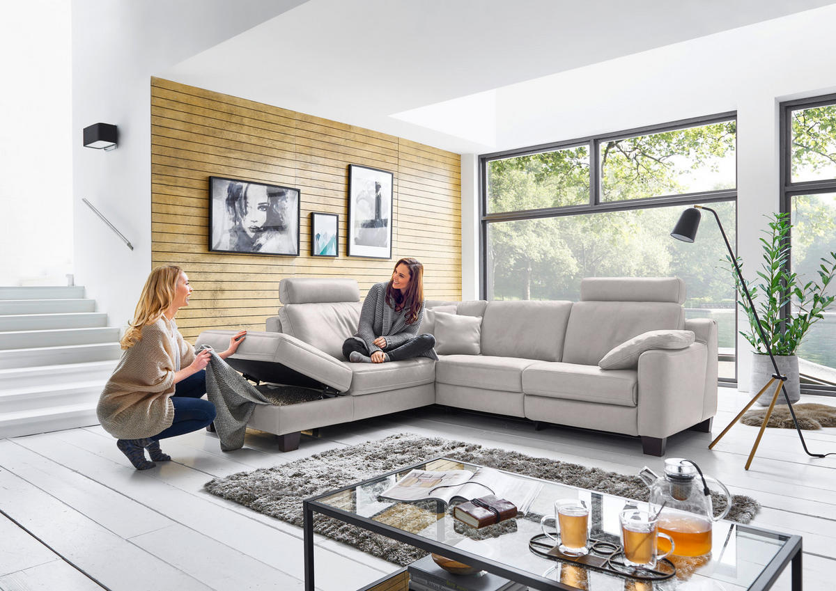 ECKSOFA in Echtleder Grau  - Eichefarben/Grau, Design, Leder/Holz (235/259cm) - Valdera
