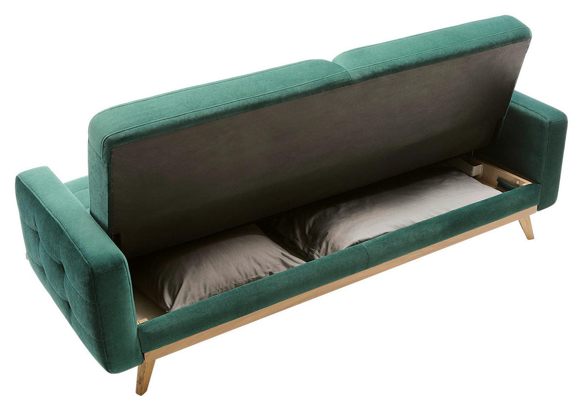 SCHLAFSOFA in Velours Türkis, Grün  - Türkis/Eichefarben, Design, Holz/Textil (224/87/89cm) - Stylife