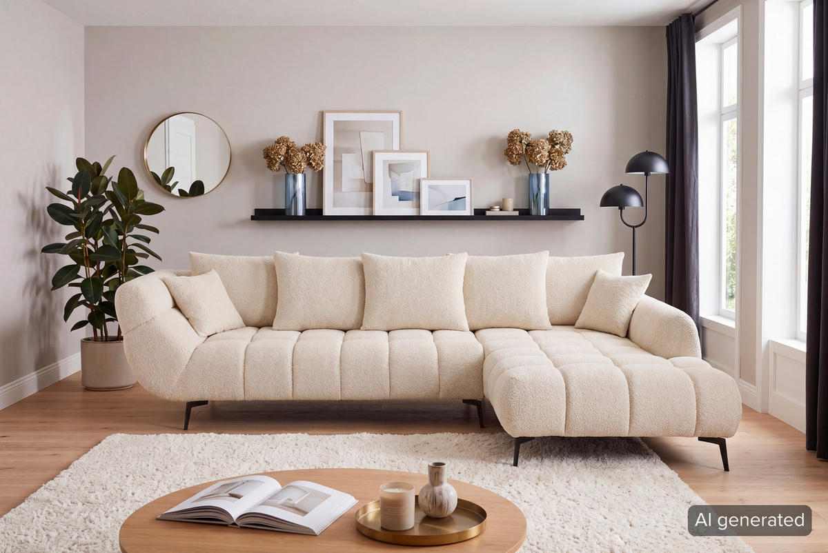 ECKSOFA 318/217 cm  in Bouclé Naturfarben Zierkissen, Rückenkissen, Rücken echt  318/217 cm  - Schwarz/Naturfarben, MODERN, Textil/Metall (318/217cm) - Carryhome